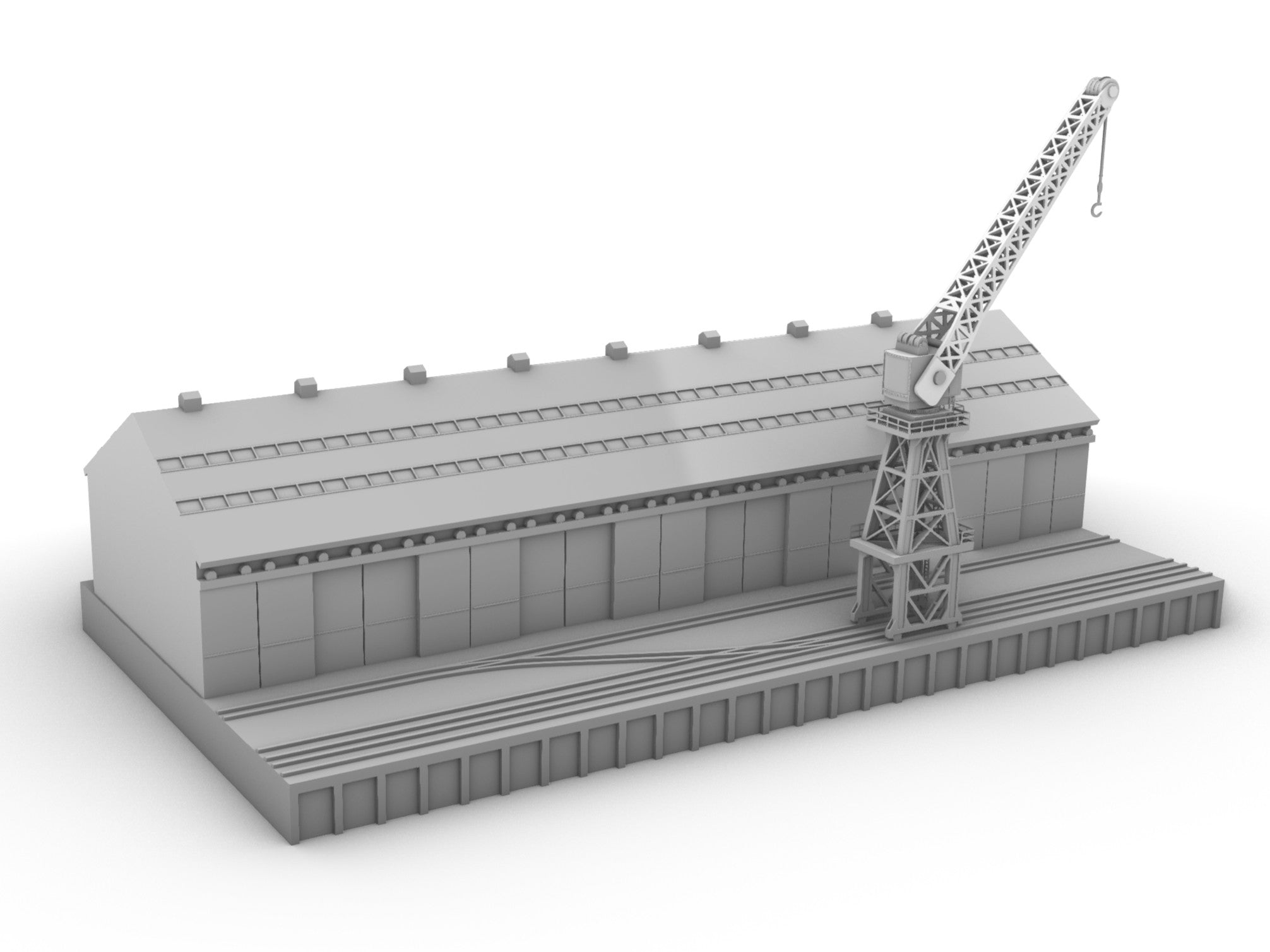 Single storey warehouse, rail quay & crane